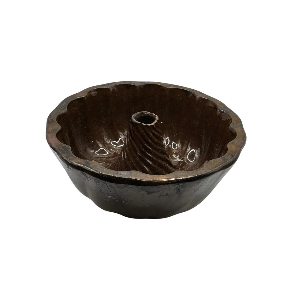 Turk's Head Redware Cake Pudding Mold Brown Vintage Fluted Pottery Swirl Center